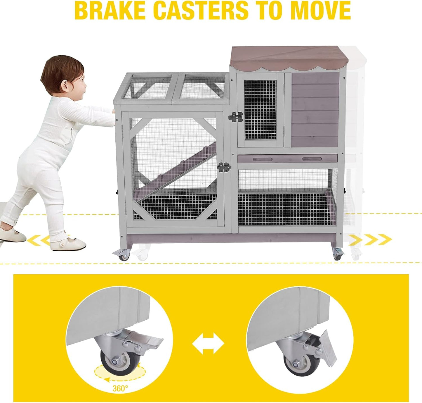 AIVITUVIN 2-Story Rabbit Hutch Indoor for 2-4 Rabbits & Guinea Pigs Wooden Small Animal Cage Guinea with Chew-Proof Design & Slide-Out Trays Bunny Cage with Lockable Wheels