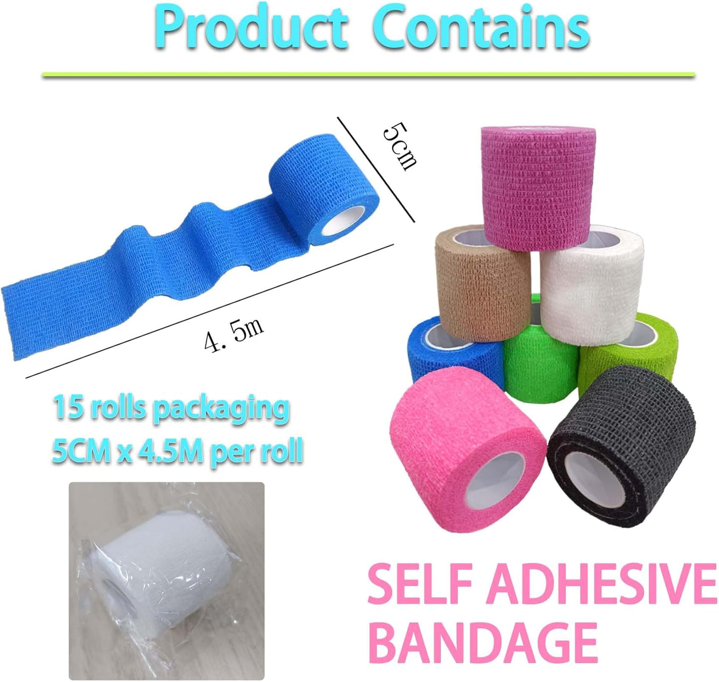 Self Adhesive Bandage Wrap 15Roll,Non-Woven Cohesive Bandage Tape,5CM x 5Yard Vet Wrap Tape for Wrist & Ankle Grip Cover,Elastic Athletic Tape-15color