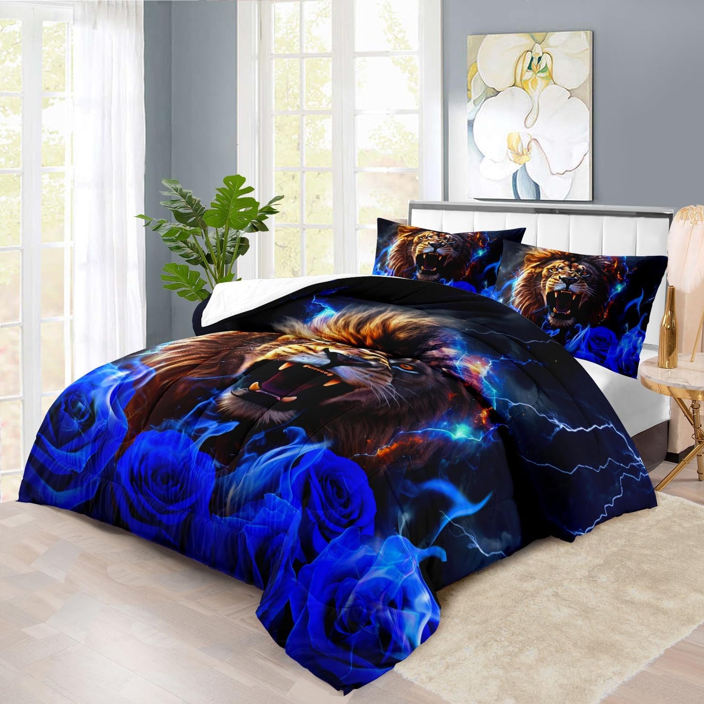 Lion Blue Comforter Set Full,Lion Bedding Set Boys,Animal Print Comforter Bedroom Decor for Home,Vintage Floral Quilt,Blue Flower Bedding Adult,Tiger Quilt Bed Decor Teen