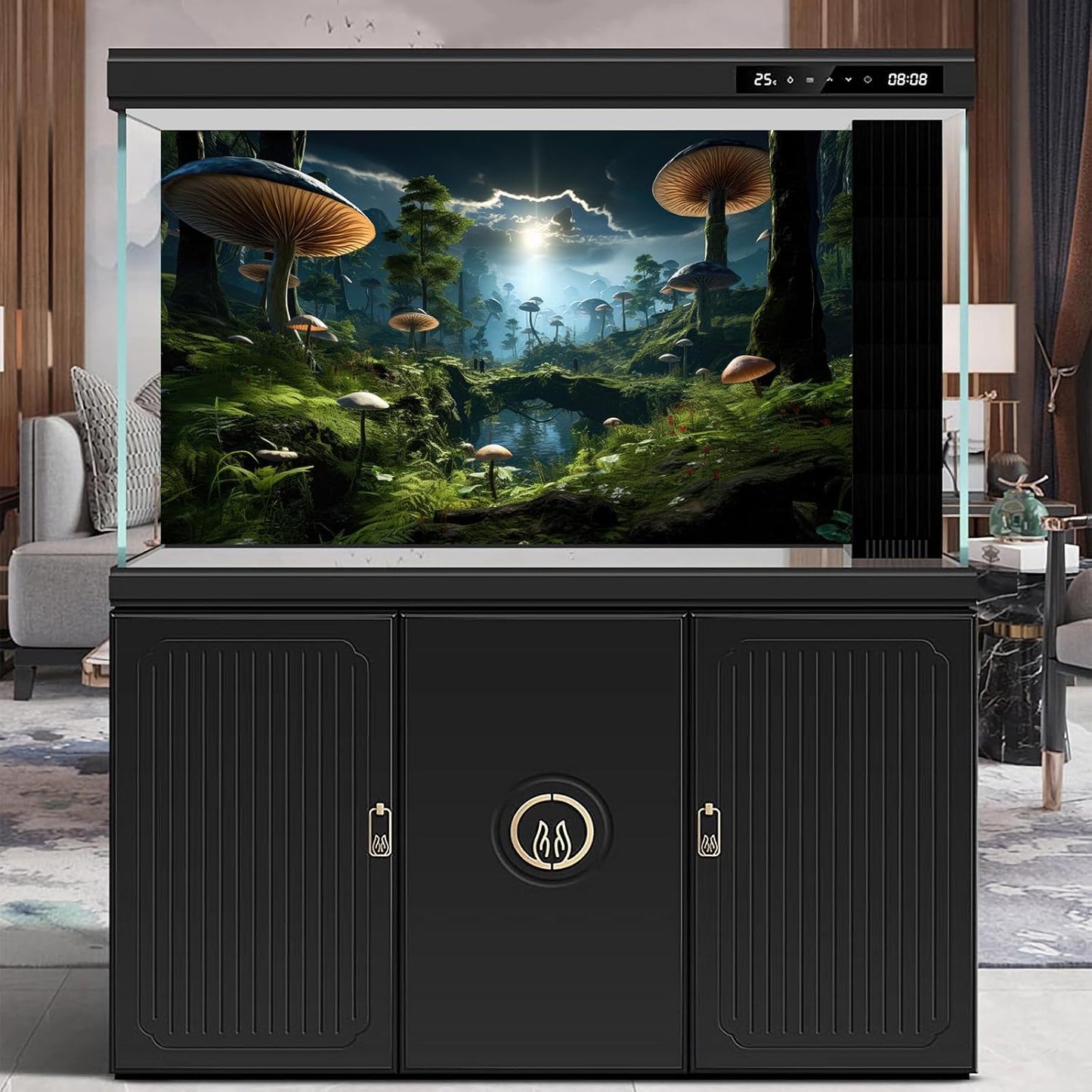 Fantasy Mushrooms Landscape Aquarium Background Tranquil Stream Cloudy Sky Terrarium Background Lush Green Tropical Plants Trees Fish Tank Backdrop Decoration Tank Background Poster 48x18in