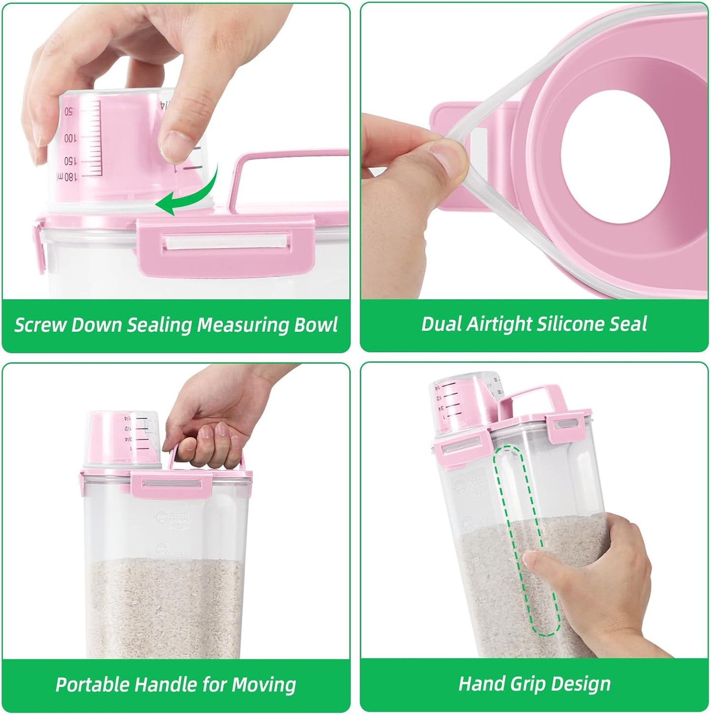 TBMax Rice Container 2 Pack 5 Lbs Cereal Container Storage, Kitchen Pantry Food Storage Holder with Cup, Small Pet Dog Cat Food Container -Pink