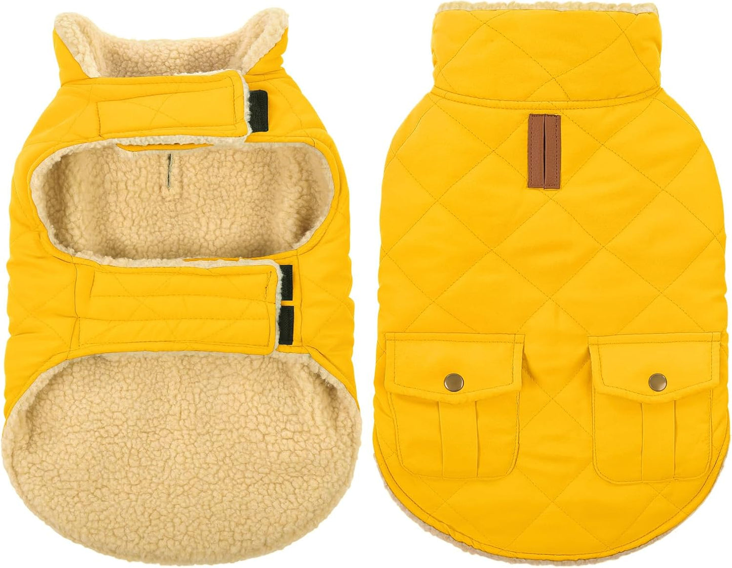 Queenmore Dog Winter Coat Warm Puffer Jacket Waterproof Plush Lining Thermal Cold Weather Vest for Small Medium Large Dogs, Windproof Easy On Pet Jacket Yellow L