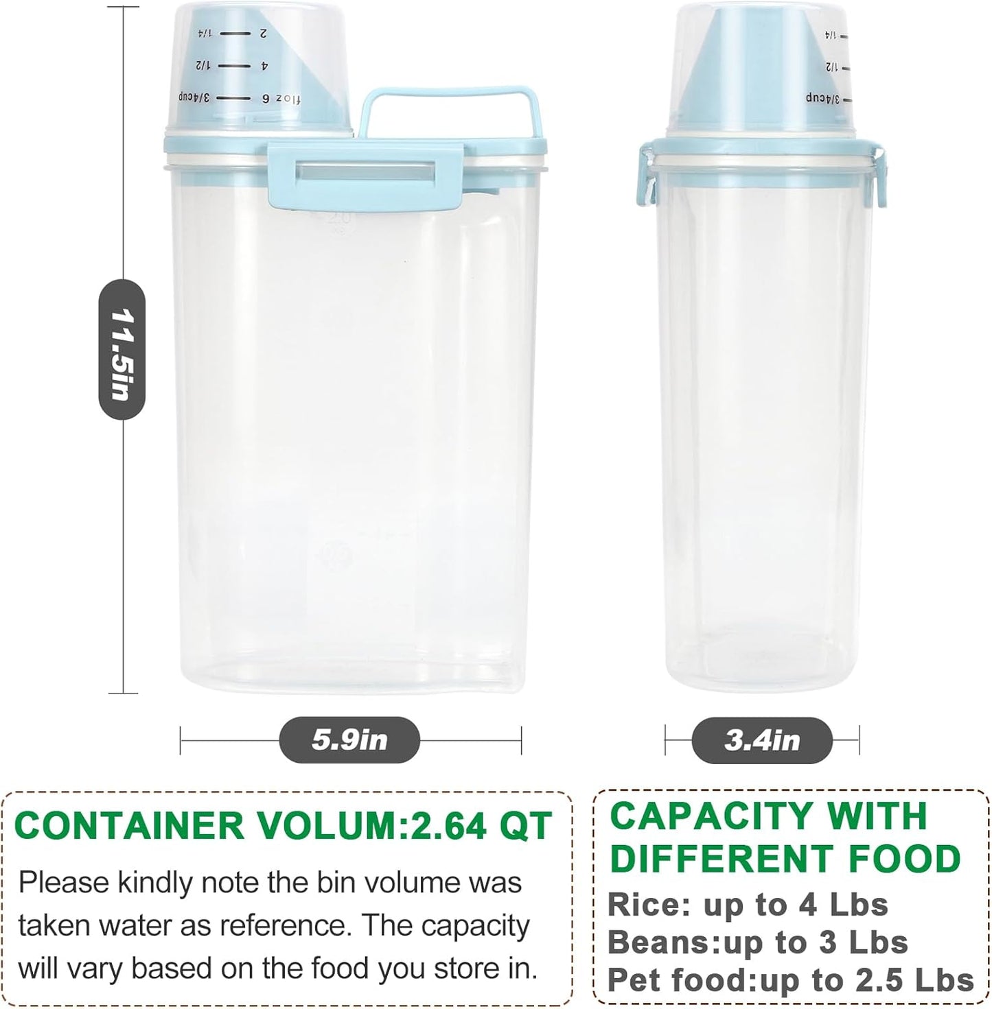 TBMax Rice Storage Container 2 Pack, Plastic Kitchen Pantry Food Storage Container with Cup, Small Pet Dog Cat Food Container Dispenser - Sky Blue