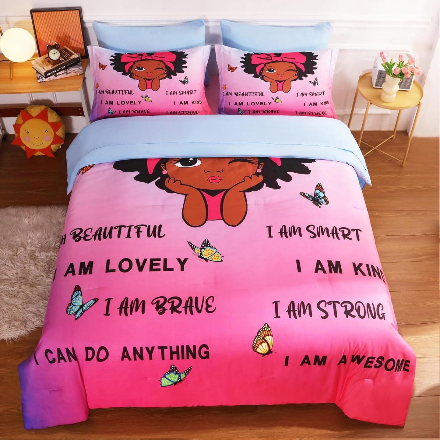 7 Piece Black Girls Magic Comforter Sets Full Size African American Girl Bedding Set Bed in A Bag for Girls Kids Teens Inspirational Quotes Pink Blue Quilts Room Decor