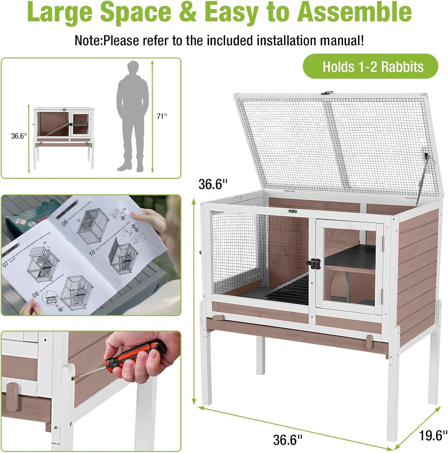GUTINNEEN Rabbit Hutch Bunny House, 36.6" L Rabbit Cage with Anti Chewing Ramp, Guinea Pig Cage with Cooling Galvanized Sheet, Detachable Legs(Brown)