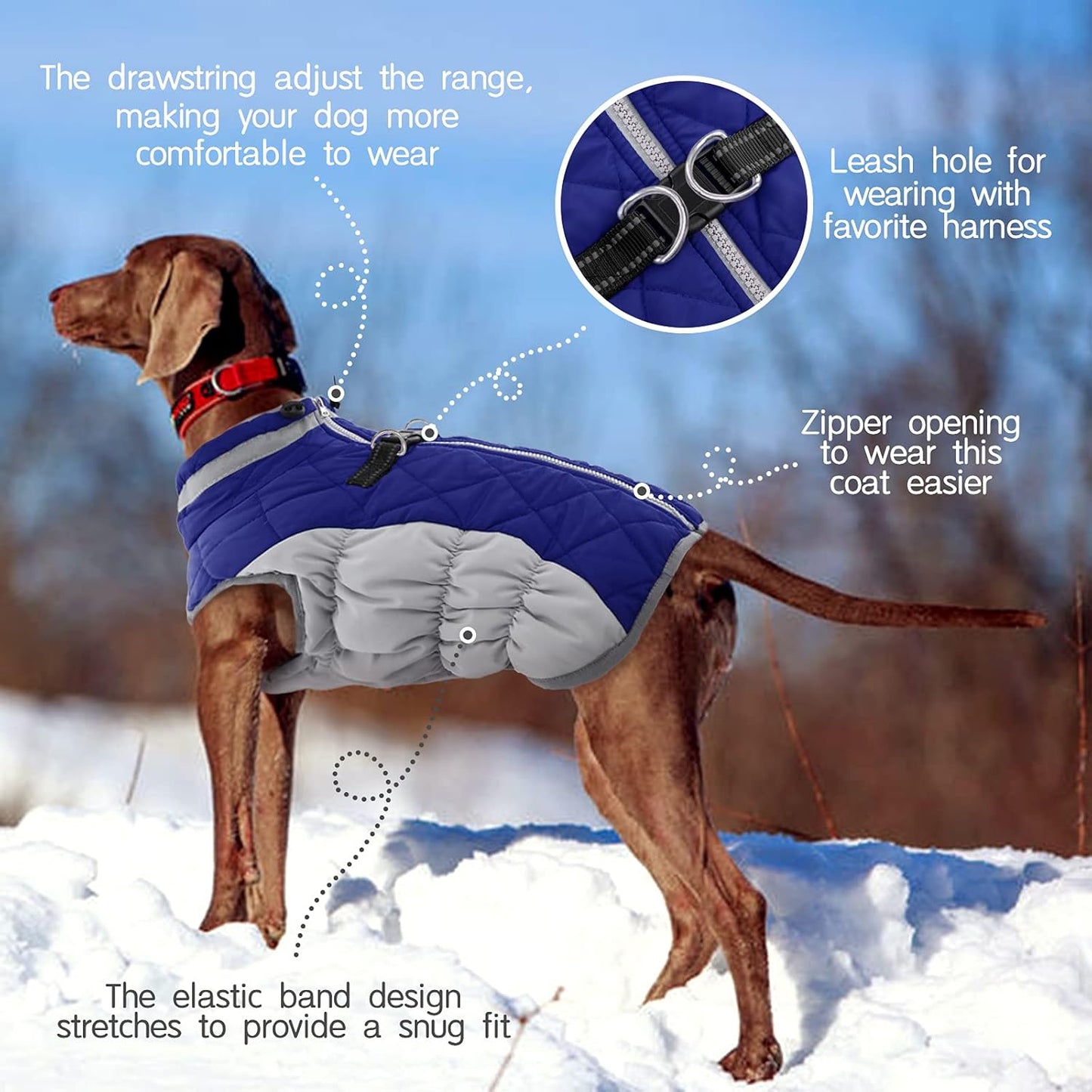 FUAMEY Dog Coat for Large Dogs,Waterproof Dog Winter Jacket with Harness Built in Puppy Cold Weather Coats Reflective Pet Vest with Zipper Warm Fleece Dogs Snowsuit Windproof Blue XXL