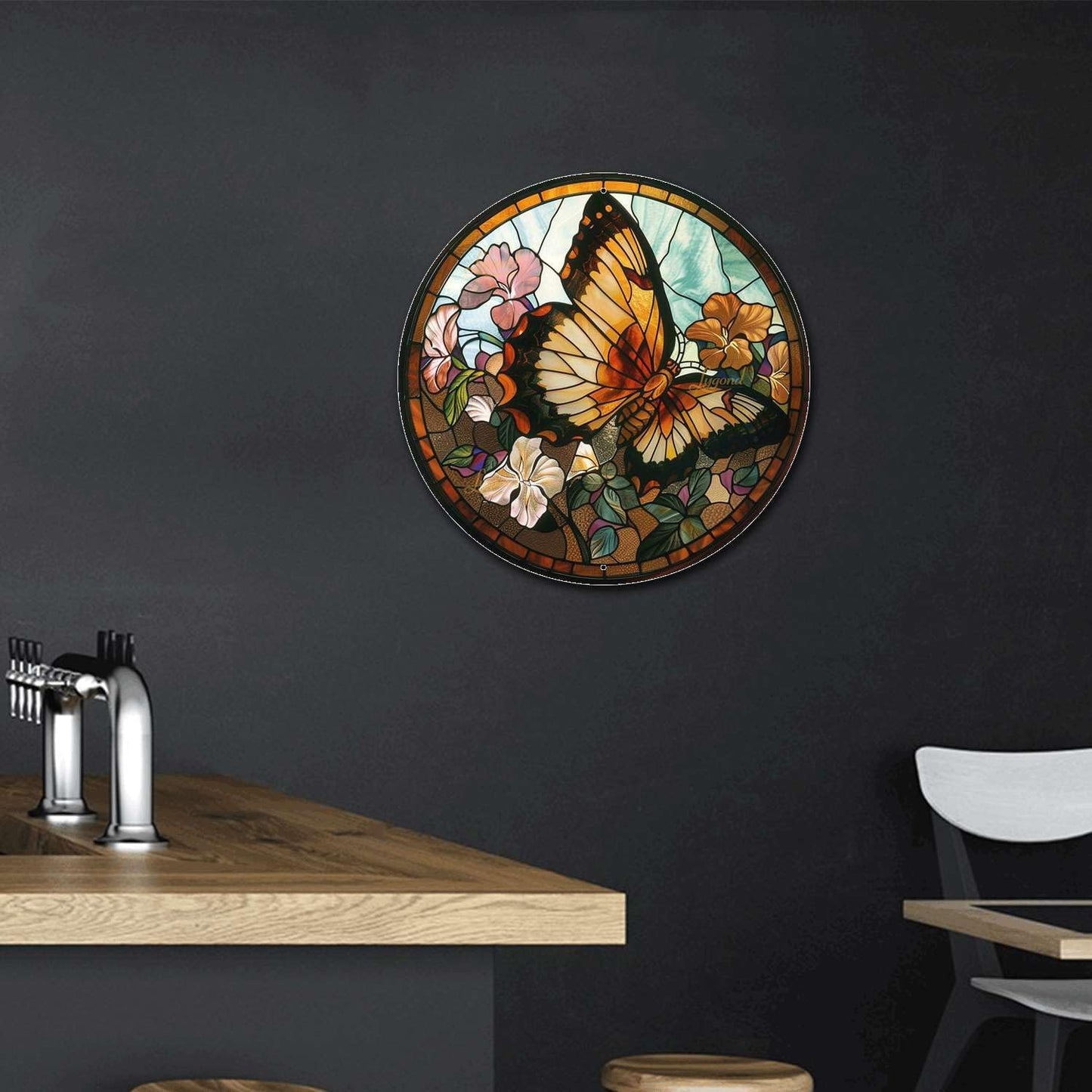 Lygond Metal Sign Tin Sign Circular Stained Glass Butterfly Inspirational Wall Art for Garage 12×12 Inches