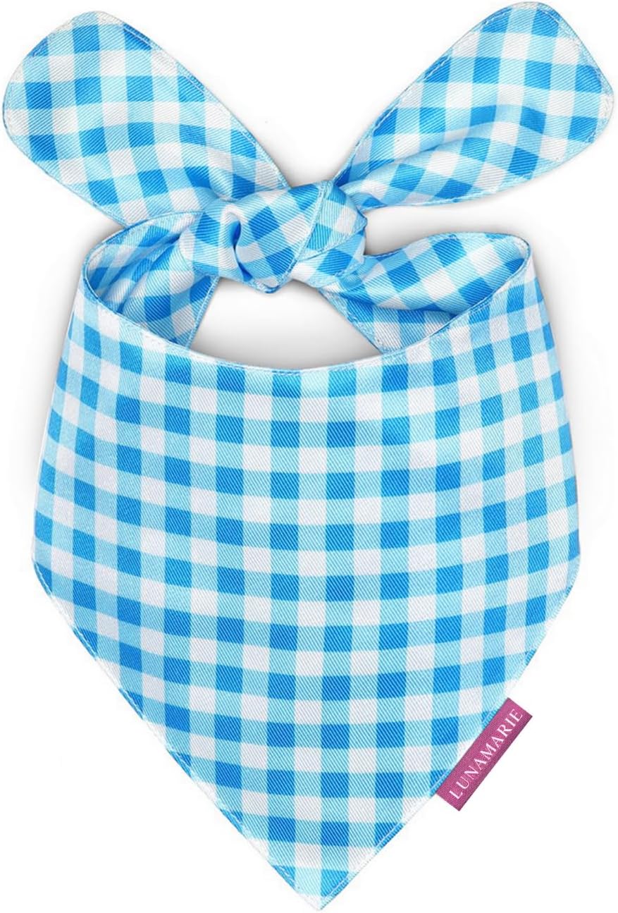 LunaMarie - Luxury Pet Birthday Bandanas -Premium & Silky Poly Fabric | 100% Handmade | Custom Shape Dual Layered (Blue Checkers, Medium)