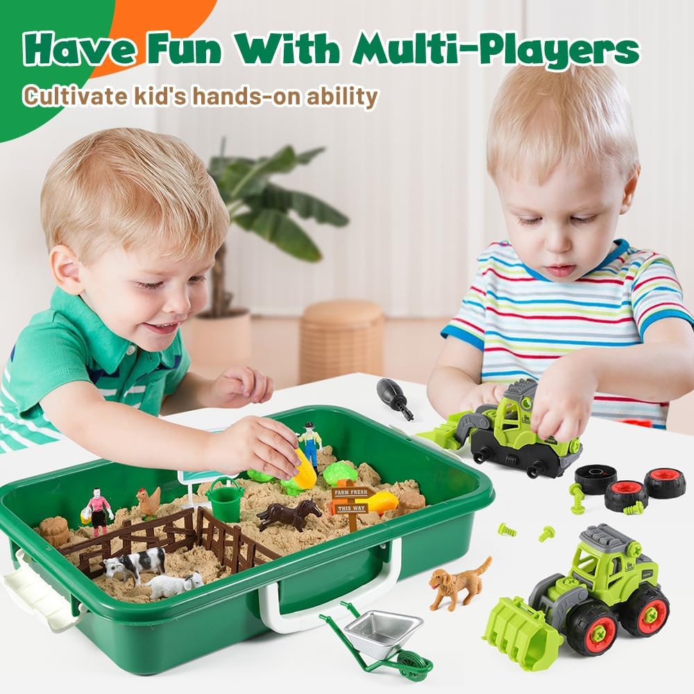 FRUSE Play Sand Farm Toys,Sensory Bins for Toddlers with 2.2lbs Sensory Play Sand,Farm Figures & Tractor Playset,Sandbox Toys for Kids 3 4 5 6 7