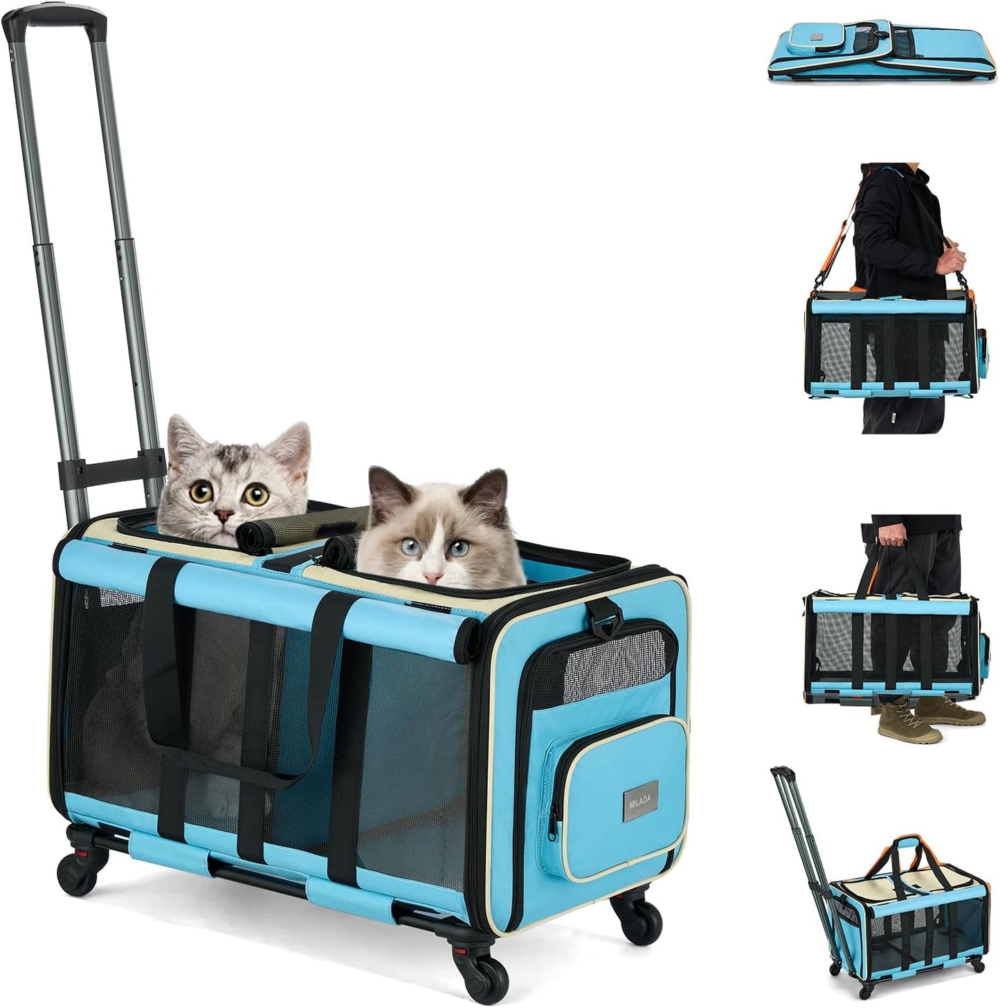 MILADA Large Cat Carrier for 2 Cats, Soft Big Pet Carrier with Wheels, Double Cat Carrier on Wheels, Rolling Pet Carrier for Travel Hiking Shopping and Camping（Not for Air Travel）, Blue