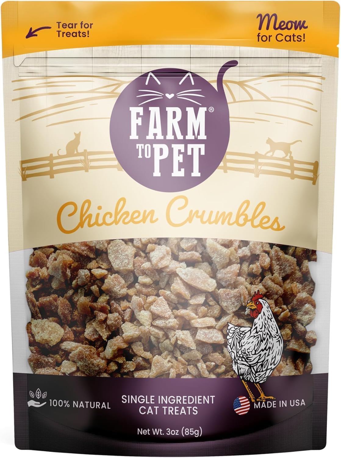 Farm To Pet - Cat Treat Crumbles - 3 oz Single Ingredient Chicken Treat and Snacks - Healthy for Indoor Cats and Kitten - Essential Products (Mix with Wet/Dry Food)