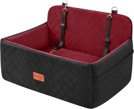 Dog Car Seat for Medium/Large Dogs, Pet Booster Seat for Under 55 lbs or 2 Small Dogs, Detachable & Washable Dog Car Bed for Backseat with 2 Safety Leashes (Blcak/red)