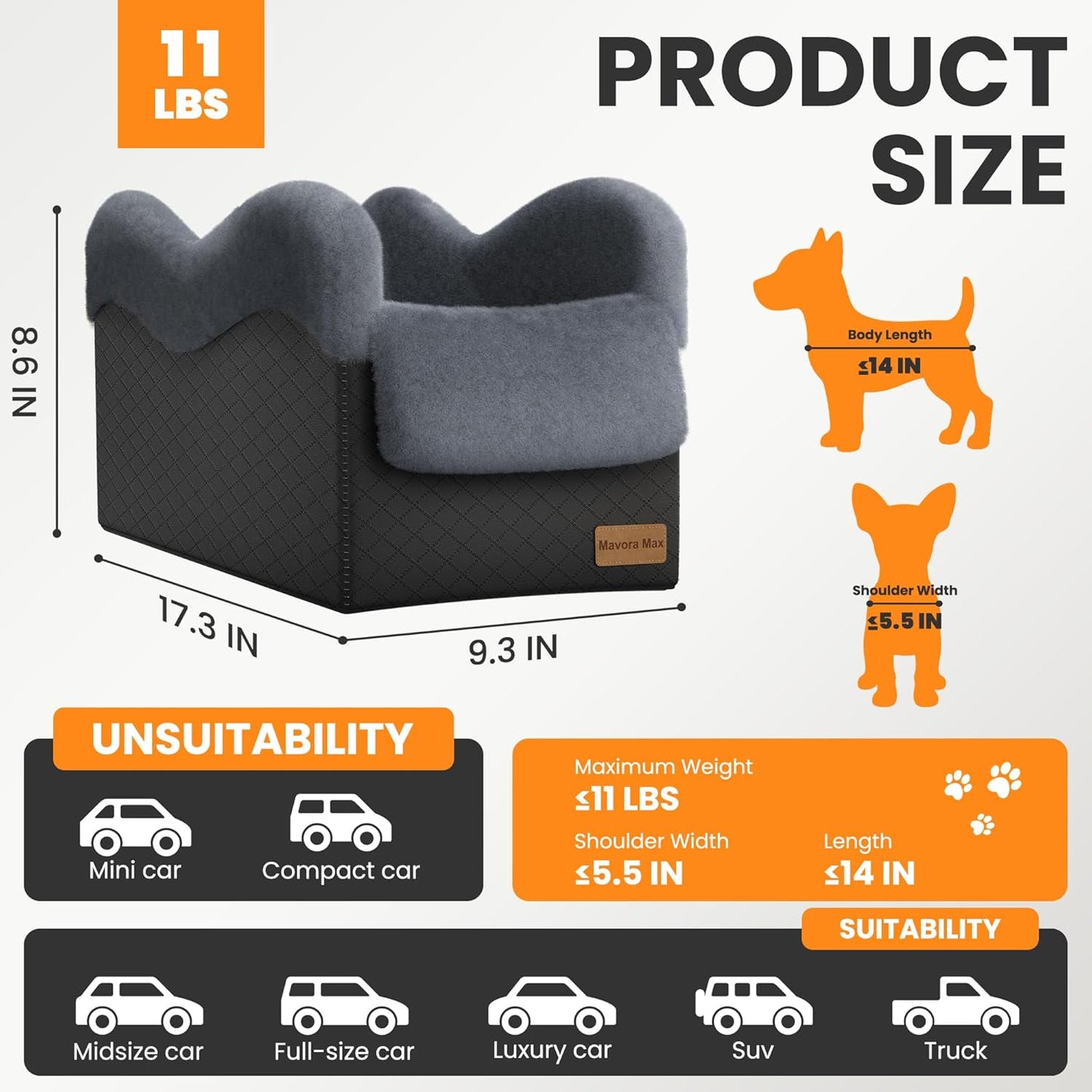 Portable Small Dog Seat for Car(Up to 11LB),Luxury Center Console Dog Car Seat Booster with Safety Tethers,Auti-Collapse Pet Travel Carrier for SUV,Truck.(Black/Grey)