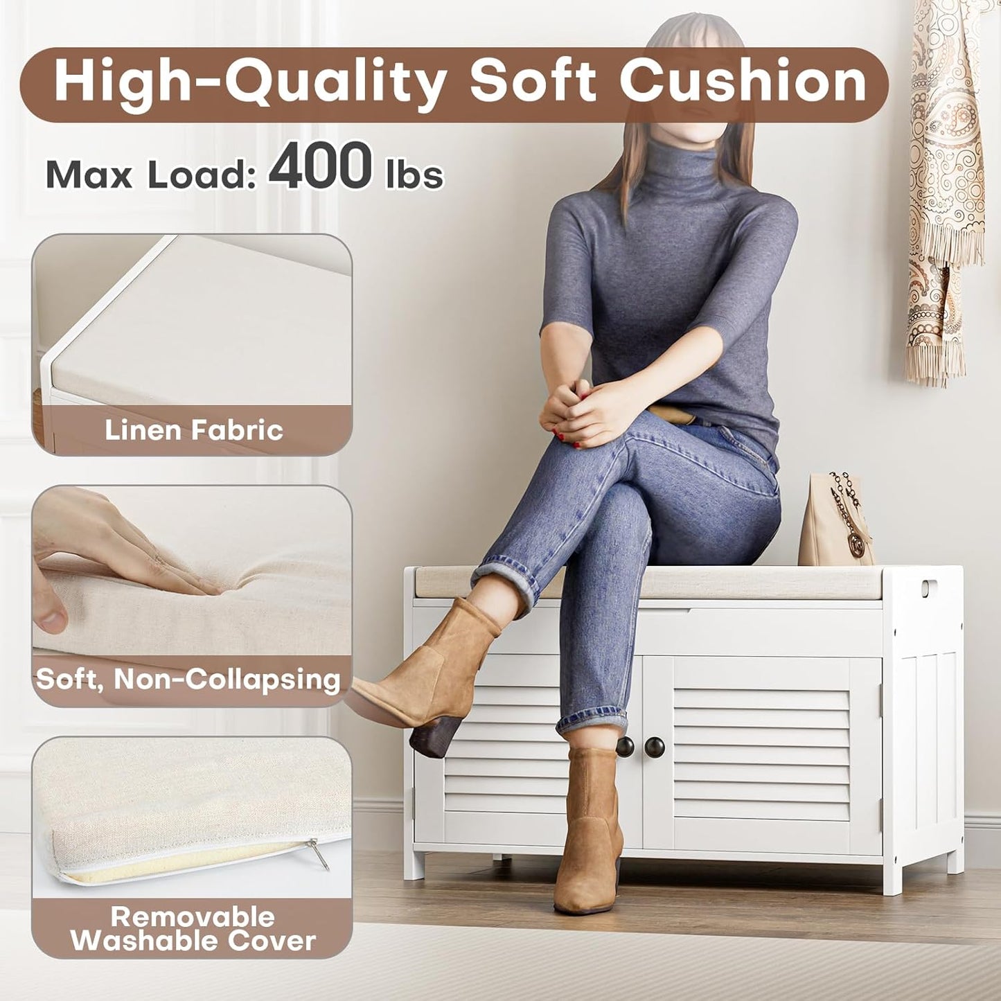 Shoe Storage Bench with Lift Top Storage, Entryway Bench with Cushioned Seat, Adjustable Shelf, 2 Tier Shoe Rack with Doors for Entryway, Bedroom, Hallway, Mudroom, White