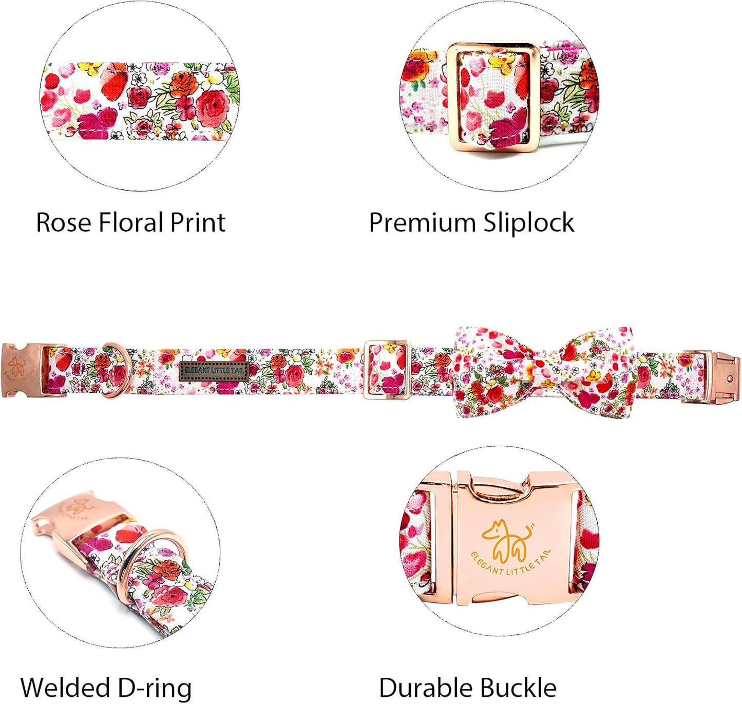 Elegant little tail Dog Collar, Pink Rose Print Pet Collar Summer Dog Collar Durable Metal Buckle Dog Collars Cotton Pet Adjustable Dog Collars for Large Dogs