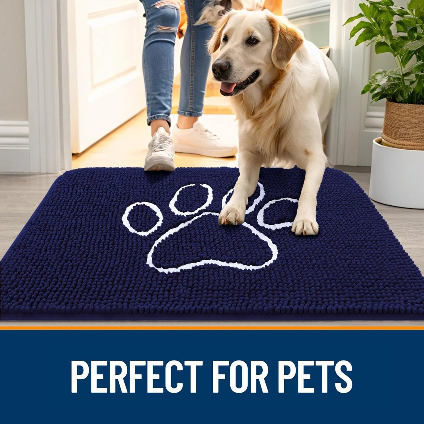 OLANLY Door Mat for Muddy Dog Paws 59x35, Ultra Absorbent Chenille Mud Doormat with Paw Print Design, Non-Slip Washable Doormat for Indoor Entryway, Quick-Dry Pet Bed Mats for Dirty Dogs, Navy Blue