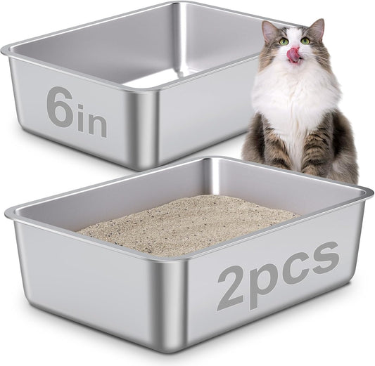 Stainless Steel Litter Box 2 Pack,Metal Litter Box for Cats Easy to Clean,Cat LitterBox for Kitty/Kitten Rabbit Litter Pan,Non Stick, No Smell
