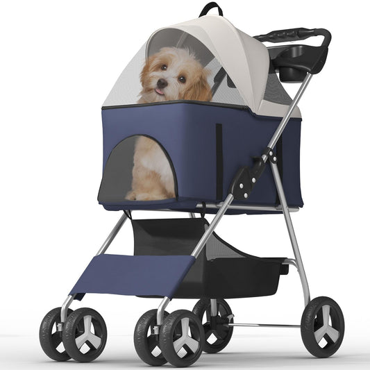 Pet Stroller with 4 Wheels for Small/Medium Pets,Travel Foldable Detachable Carrier for Dog Cat Cage Jogger Stroller, Rear Wheel Breaks, Storage Basket, Visible Mesh Weather Cover (Navy Blue)
