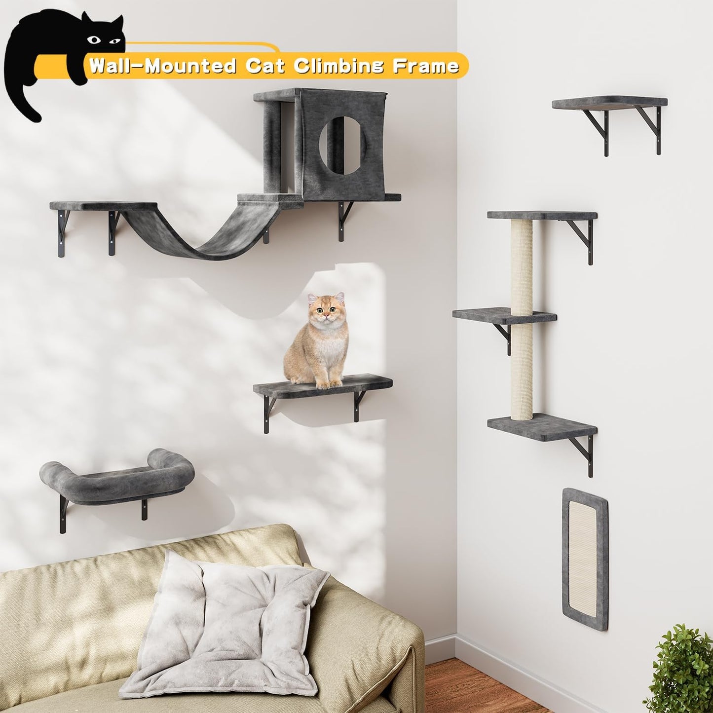 NUNU LAB Wall Mounted Cat Climber Set, 6 Pcs Cat Furniture Set with House, Bridge, Steps, Scratcher Board and Hammock, Shelves for Indoor, Luxury Walls Furniture(Dark Grey)