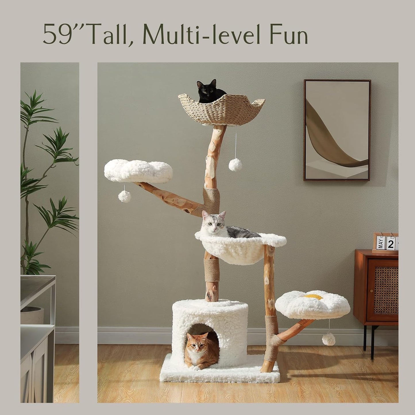 PAWZ Road Cat Tree for Indoor Cats Large Adults, 59 Inches Modern Cat Tower with Large Basket and Hammock, Natural Solid Wood, Luxury Condo & Dual Perches, Modern Cat Furniture for Big Cats, White