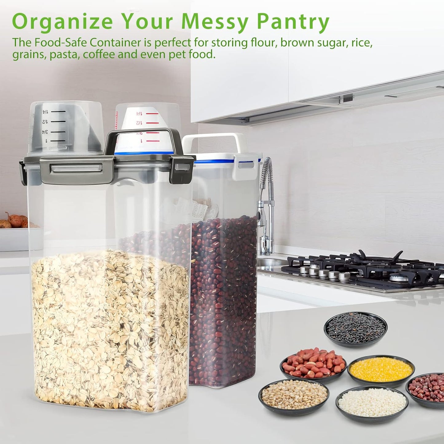 Rice Airtight Storage Container, 3 to 5Lbs Cereal Dry Food Flour Bin, Pet Dog Cat Food Dispenser with Measuring Cup, BPA Free Clear Plastic Kitchen and Pantry Organization Bin for Sugar