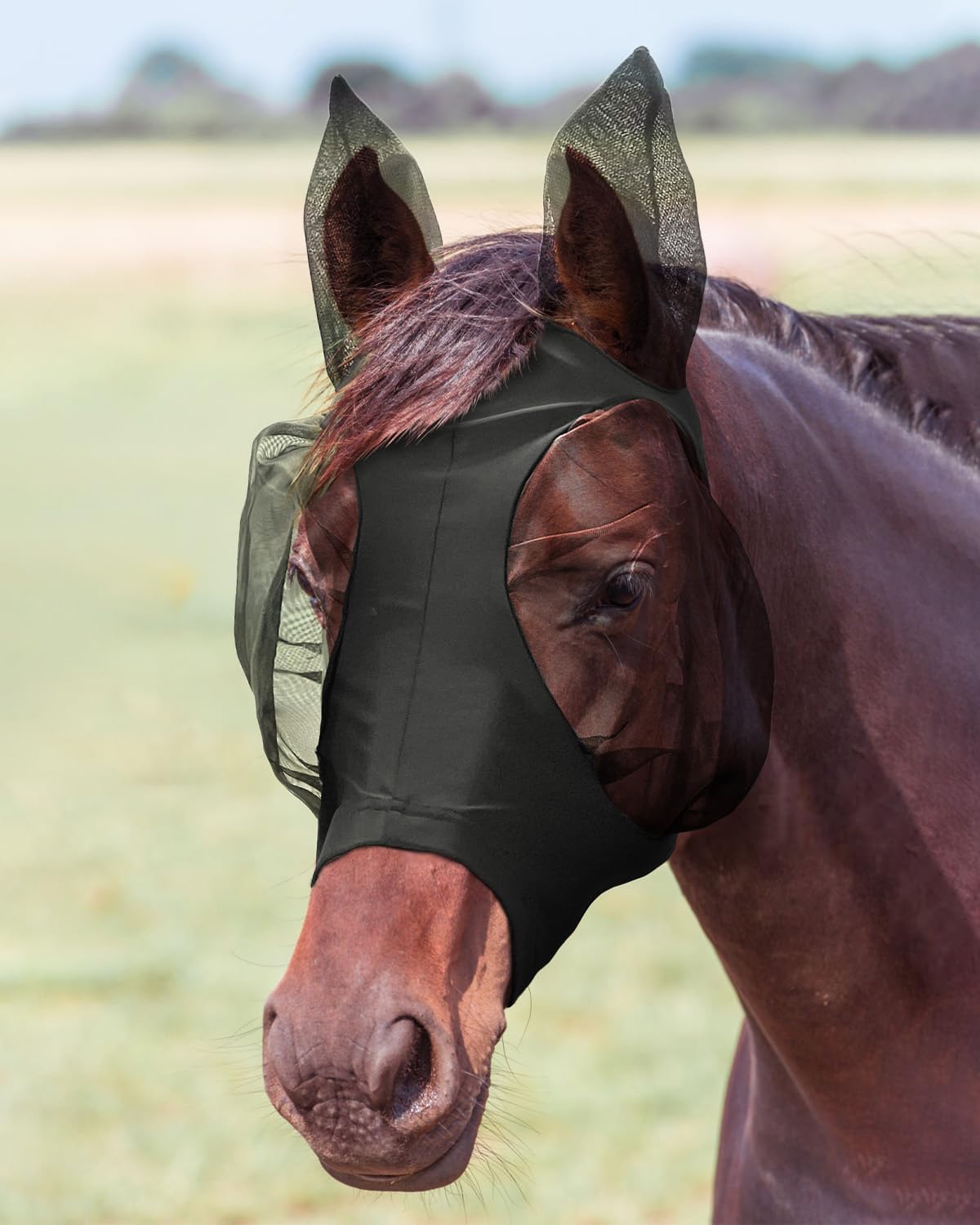 JWODVNTH Fly Masks for Horses with Ears - Large Eye Space, Comfort, UV-Block - Horse Fly Mask for Daily Stable, Hot Weather Riding, and Competition - X-Full, Black