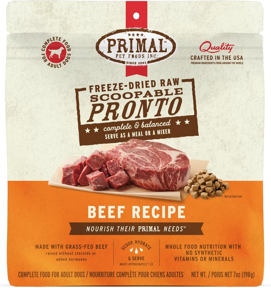 Primal Freeze Dried Dog Food, Pronto Mini Nuggets, Beef; Scoop & Serve, Complete & Balanced Meal; Also Use as Topper or Treat; Premium, Healthy, Grain Free High Protein Raw Dog Food (7 oz)
