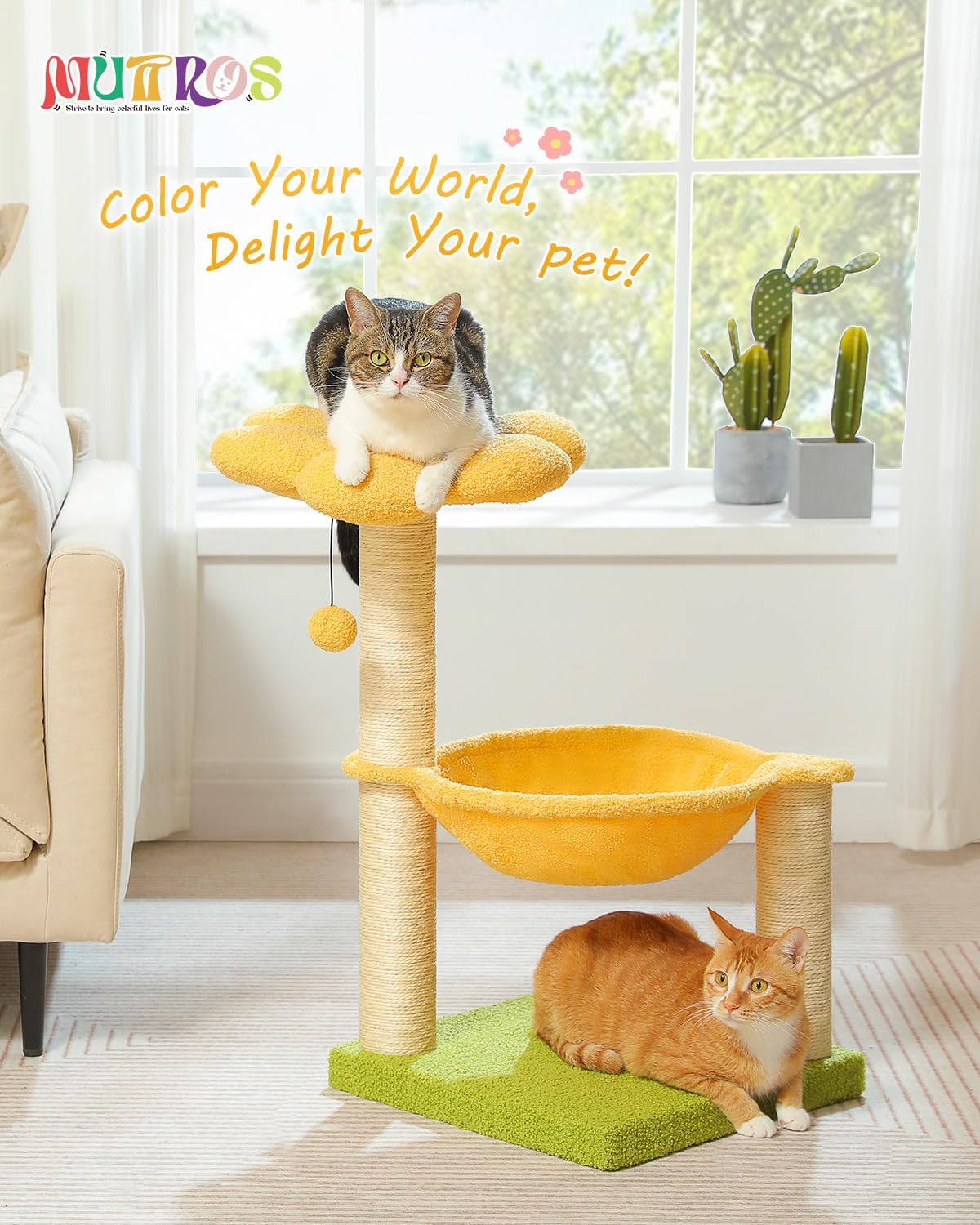 28" Flower Cat Tree Cute with Flower Top Perch, Large Hammock for Indoor Small Cats, Small Cat Tower with Cute Scratching Post and Fur Toy Ball for Kittens, Yellow