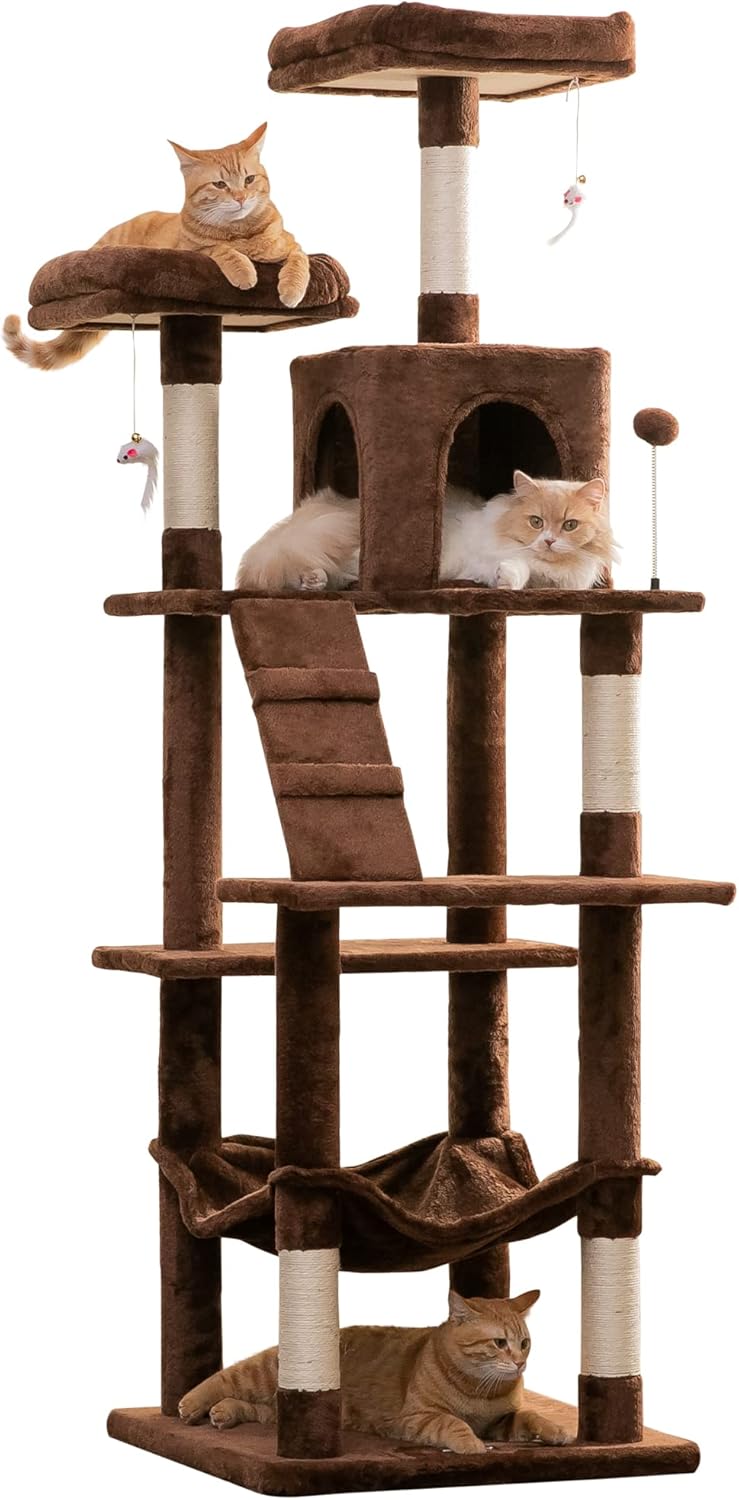 MWPO 70.1-Inch Large Cat Tree, Multi-Level Tall Cat Tower for Indoor Cats, Plush Cat Condo with Big Padded Perches, Sisal-Covered Scratching Posts, Hammock, Toys for Kittens & Cats - Brown