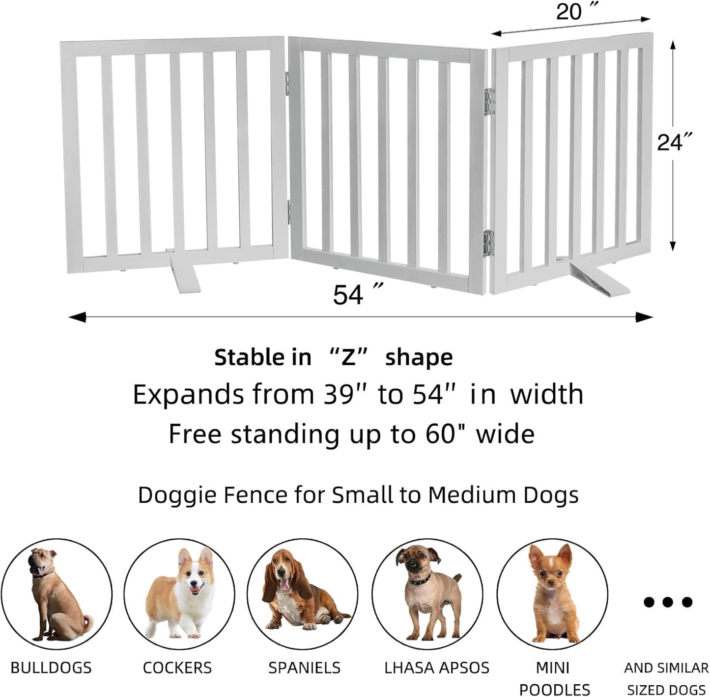 ZJSF Freestanding Indoor Dog Gate for House Foldable Wood White Puppy Gate for Doorways Pet Gate for Stairs Extra Wide Pet Fence 24" Height 3 Panels