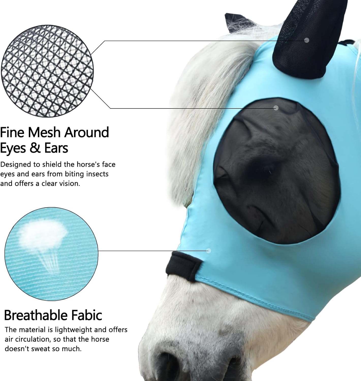 Horse Fly Mask with Ears - Large Eye Space for Full Vision, Breathable Stretch Comfort Fit, UV Protection, Forelock Opening, Easy Pull-On Paleblue Pony