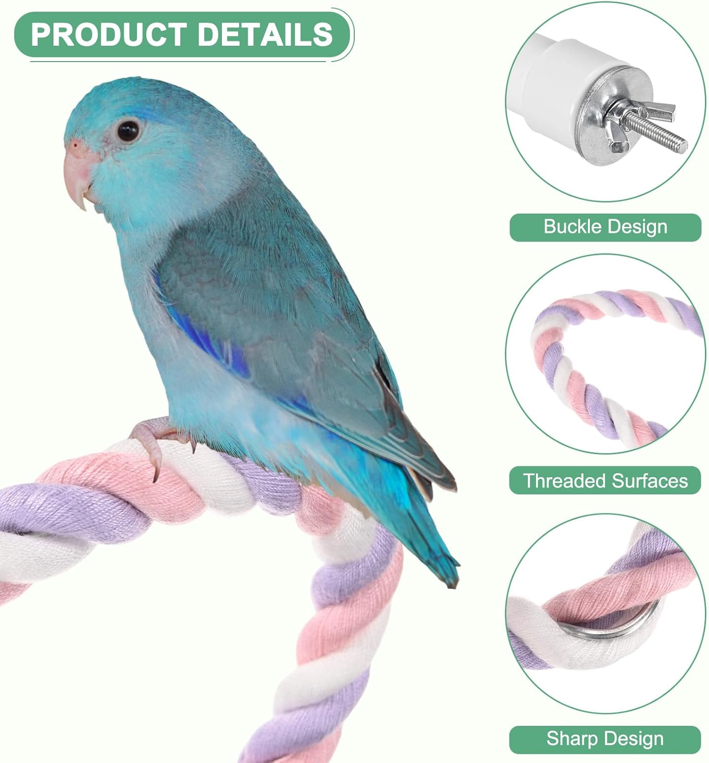 2-Pack Rope Perches for Bird Cages, 31.5 in Length Comfort Grip Flexible Rope Perch Beak & Paw Grinding for Parrots/Cockatiels/Parakeets, Bird Platform Sand [Pink Purple]