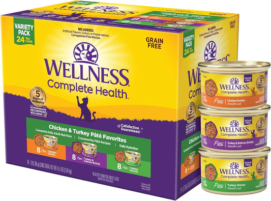 Wellness Complete Health Pate Adult Wet Cat Food, Natural, Protein-Rich, Grain-Free, 3 Ounce, 24 Pack, (Chicken & Turkey Variety Pack)