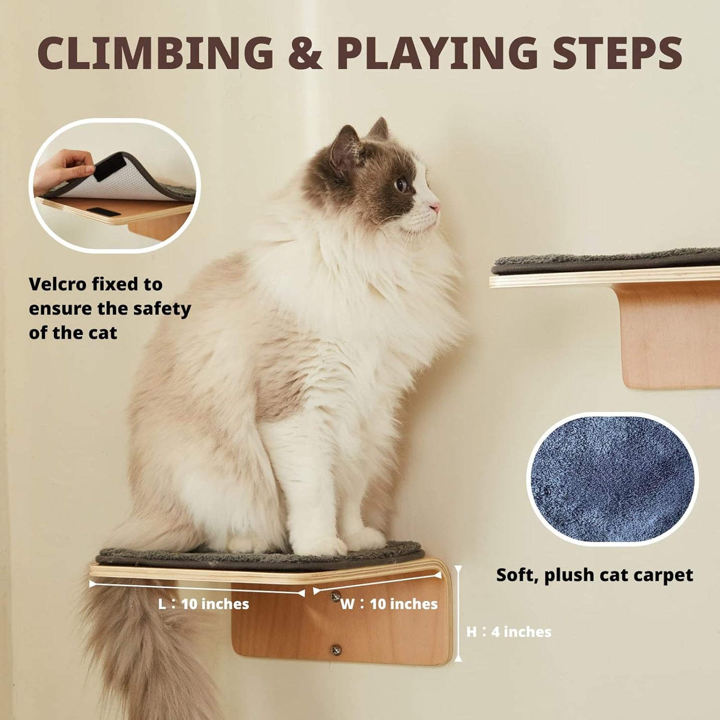 2 Set Cat Wall Steps - Wooden Cat Climbing Shelf for Wall - Cats Wall Stairs with Scratching Mat - Wall Mounted Cats Furniture for Jumping, Playing, and Lounging
