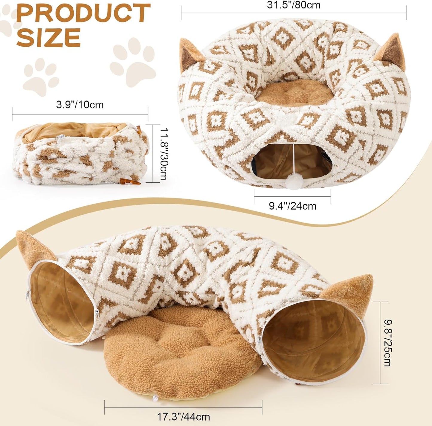 Cat Tunnel Bed for Indoor Cats, Cat Donut Tunnel with Washable Cushion, Peekaboo Cat Cave Toy, Multifunctional Playground Toys for Kittens, Rabbit, Brown Jacquard Pattern