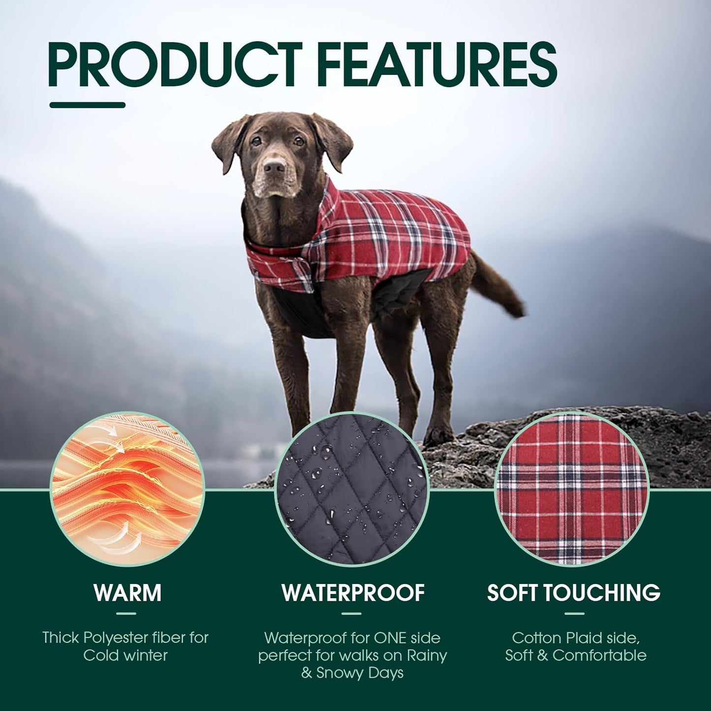 Kuoser Waterproof Dog Coat, Reversible Dog Jacket for Medium Dogs, Adjustable Durable Doggie Winter Coat Warm Puppy Cold Weather Apparel from Small to Large Breed, Red M