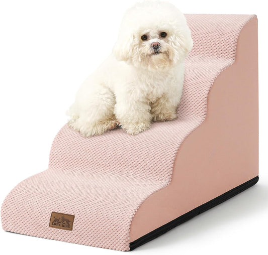 Dog Stairs for Small Dogs 19.7" H, Curved Dog Step for Puppy, Older or Cat, Medium Pet Ramp for Sofa, Couch or Bed, Ladder with High Density Foam, 15.7x28.3x19.7 inch, 4 Step, Pink