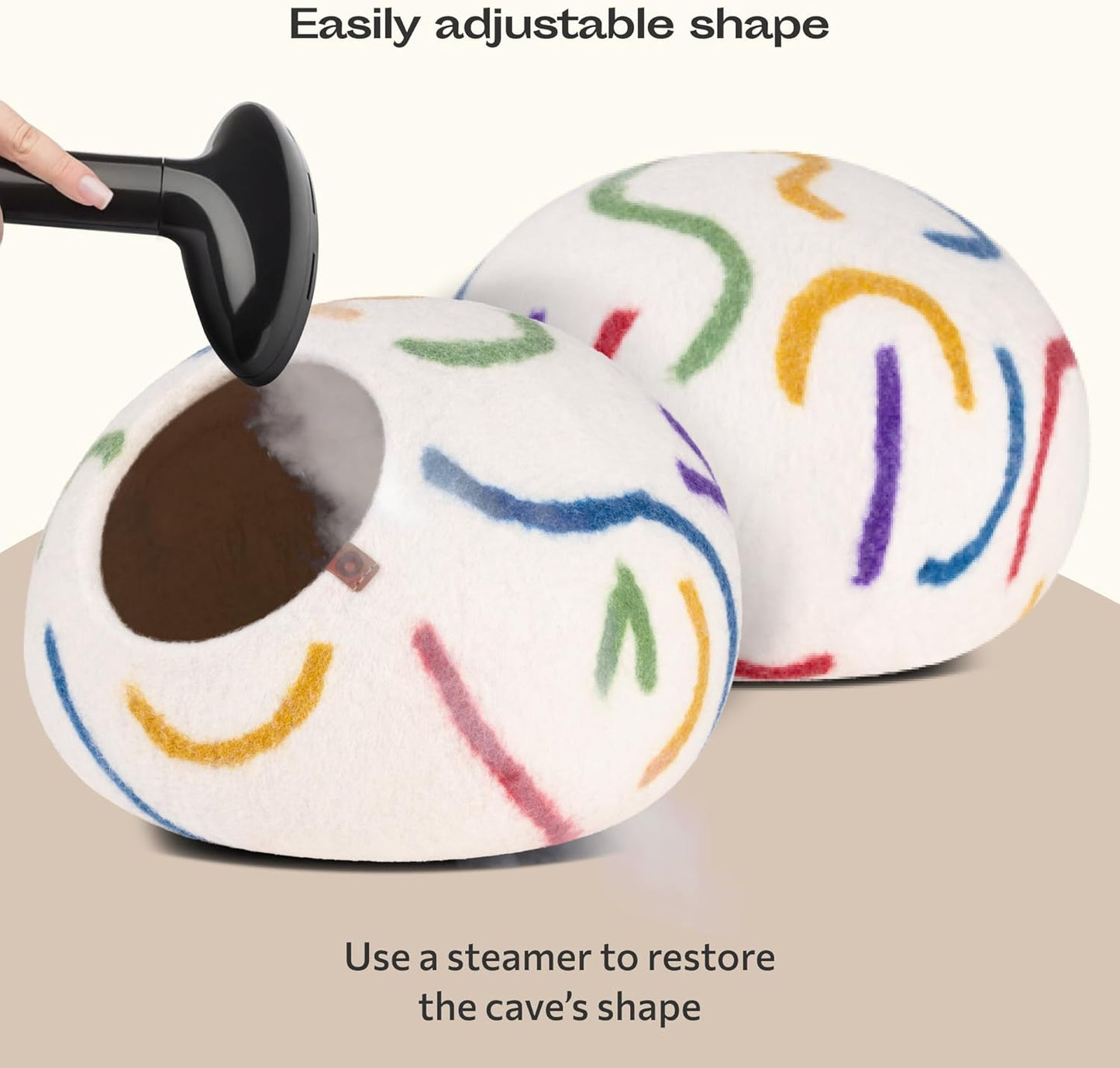 MEOWFIA Cat Cave – Premium Felt Cat Bed for Indoor Cats, Handmade 100% Merino Wool (Medium, Ivory Rainbow)