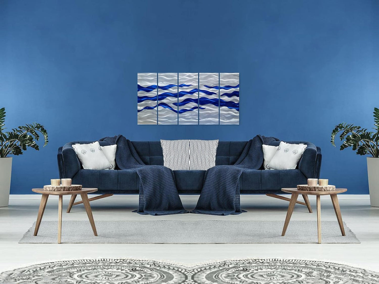 SYGALLERIER Abstract Coastal Metal Wall Art Handcrafted Big 3D Blue and Silver Artwork Modern Sea Waves Pictures Contemporary Sculpture for Living Room Bedroom Bathroom Decor