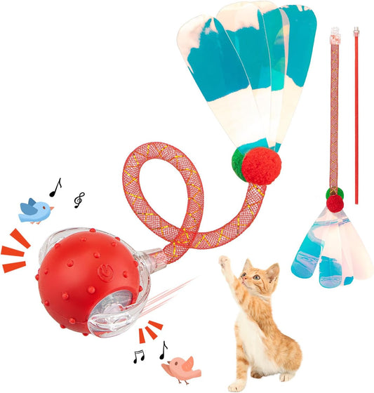 Interactive Cat Toys Ball for Indoor Cats, Automatic Agile Rolling Cat Ball with Elastic Mesh Tail, Bird Chirping & Motion Activated, 2 Tail Accessories, Kitten Toy for Bored (Red)