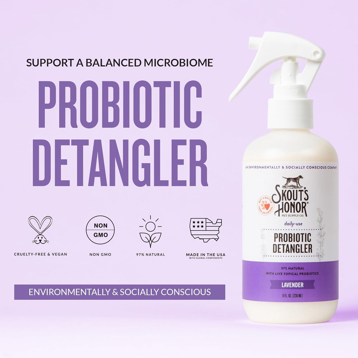 Skout's Honor Probiotic Pet Detangler Spray - Hydrating & Conditioning with Avocado Oil, 97% Natural, Paraben & Sulfate-Free, softens for a More brushable Coat, Daily Use, 8oz, Lavender, 2-Pack