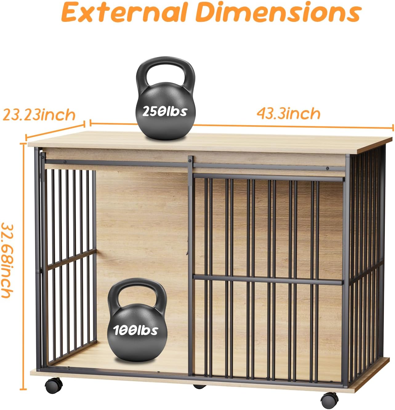 43.7" Dog Crate Furniture, XL Dog Crate Dog Kennel Indoor with Wheels for Large Medium Small Dogs, Wooden Dog Kennel End Table with Sliding Door Wooden Furniture Crates for Living Room, Bedroom
