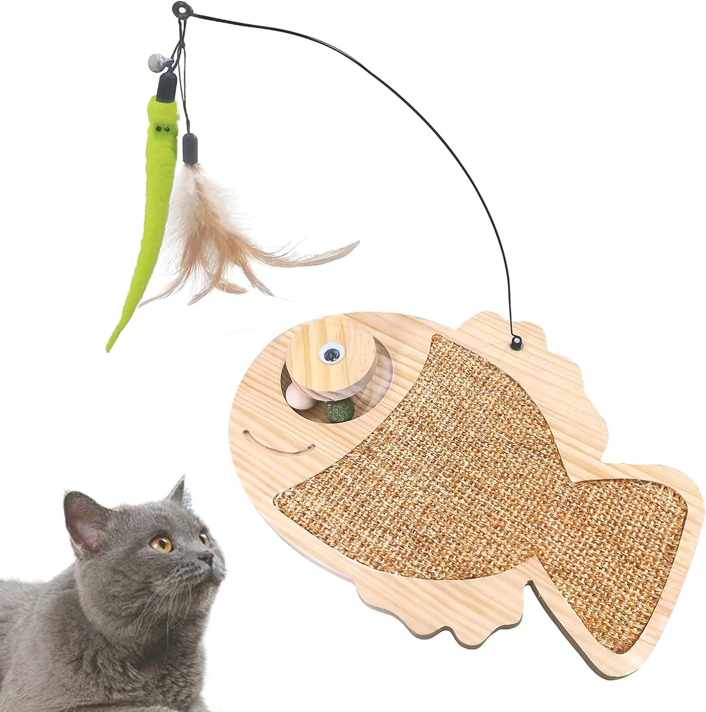 Petest Interactive Cat Toy Natural Sisal Cat Scratcher Toy with Catnip Balls, Fish Design