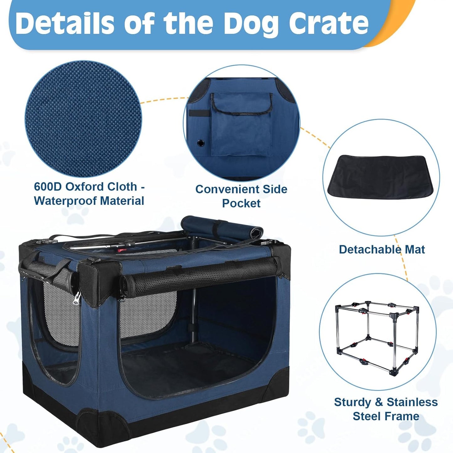 24 inch Small Dog Crate - for Small Dogs, Portable Travel Pet Crate with 4 Mesh Doors, Foldable Car Kennel for Puppy with Handle for Indoor and Outdoor, Bule