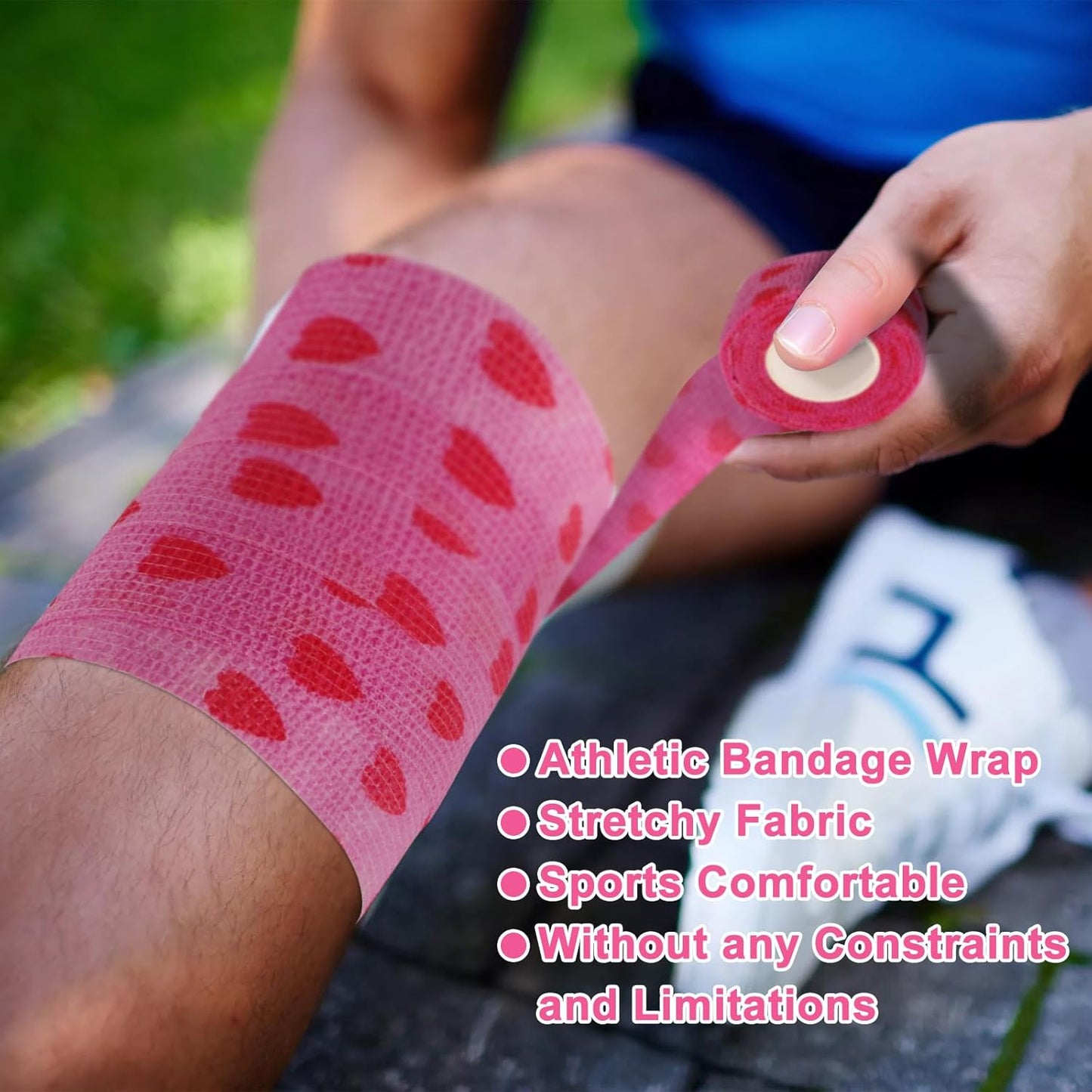 24 Pack Self Adhesive Vet Wrap & Medical Tape, 2 Inch x 5 Yards Cohesive Bandage Wrap - Pink Heart Grip Tape for Ankle, Wrist Sprains, Sports, Pet First Aid