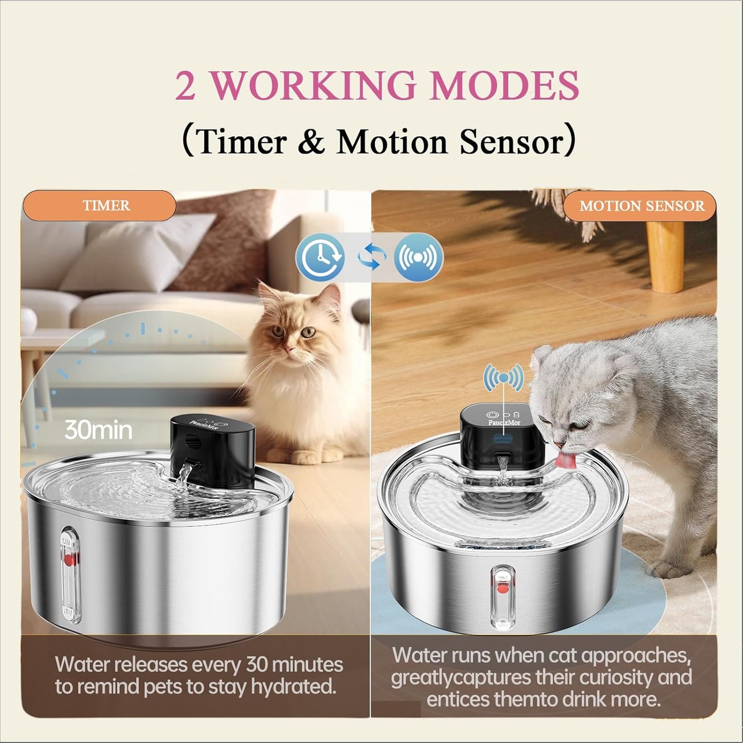 Pumpless Cat Water Fountain Stainless Steel Battery Operated, 108oz/3.2L Wireless Pet Water Fountain, Cordless Automatic Dispenser with 2 Replacement Filters for Cats, Dogs, Multiple Pets