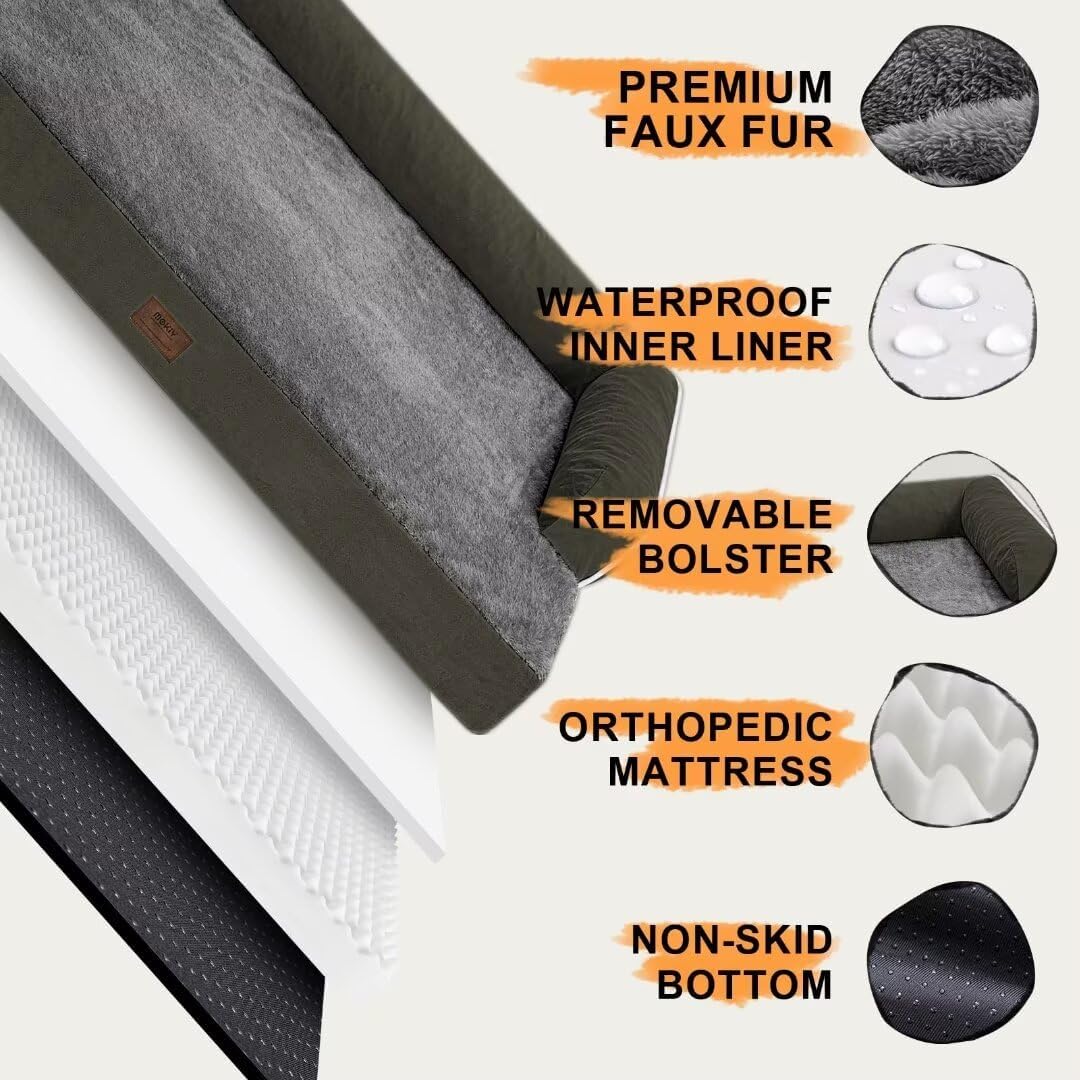 Large Dog Bed Orthopedic Washable - Beds Bolster Pet - XL Large Big Dogs - Memory Foam - Couch Sofa Bed- Waterproof with Removable Cover - Dark Green Dog Bed