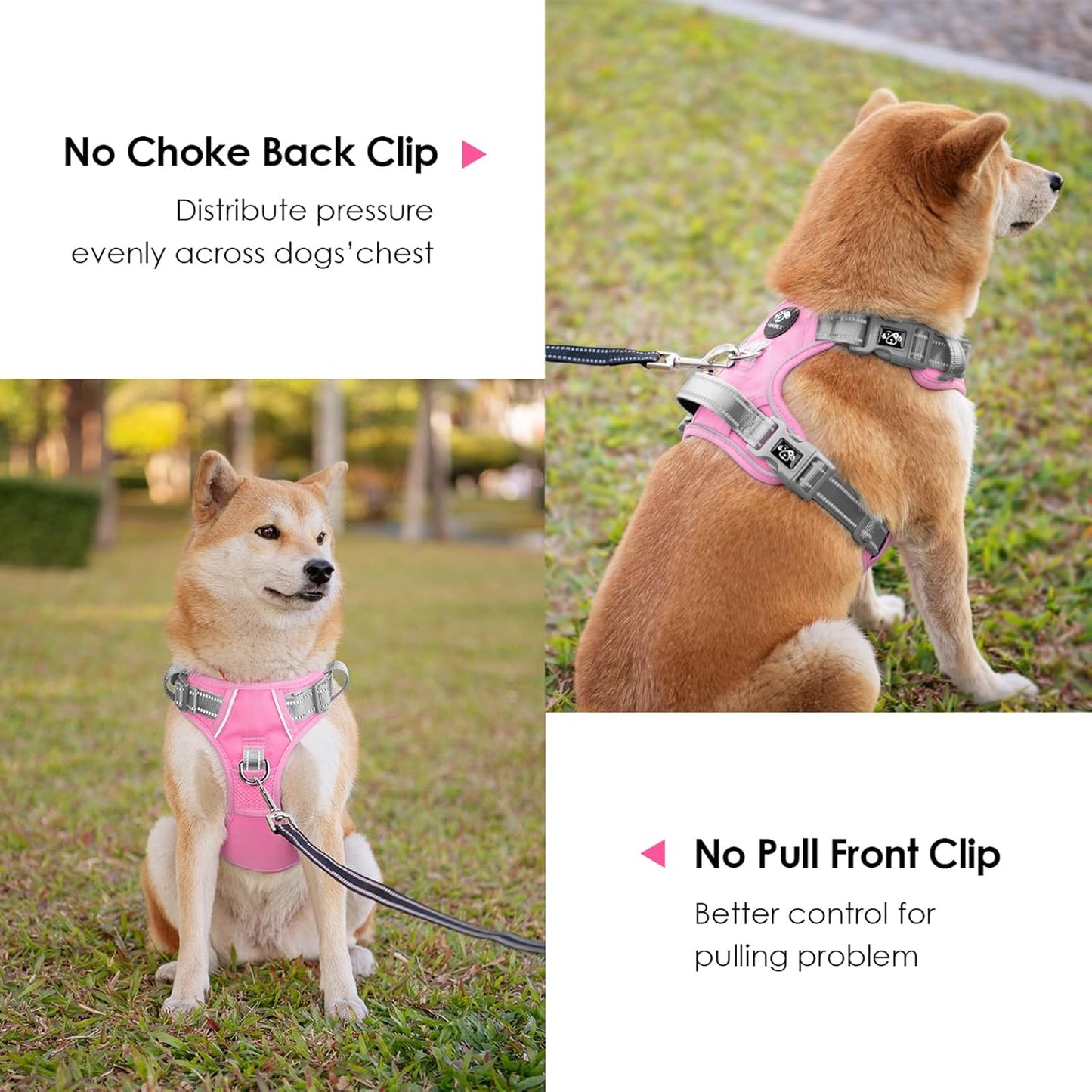 PHOEPET No Pull Dog Harness, Unique Colors Reflective Adjustable Dog Vest, with Soft Training Handle Metal Clips for Small Medium Large Dogs (Baby Pink Base & Grey Straps,L)