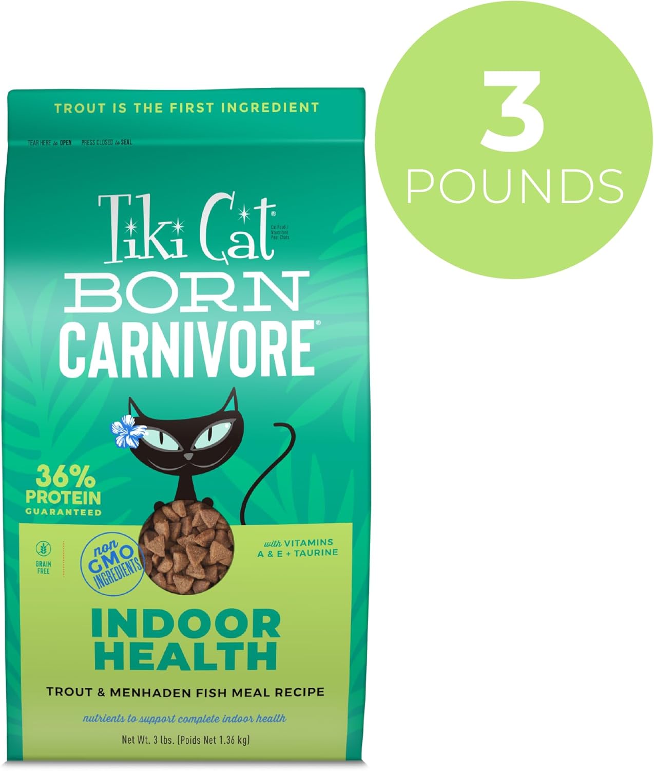Tiki Cat Born Carnivore Indoor Health Dry Cat Food, Trout & Menhaden Fish Meal, 3 lbs. Bag