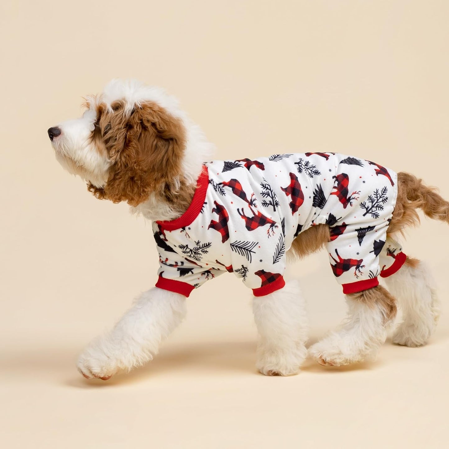 Fitwarm Reindeer Dog Christmas Pajamas, Winter Doggy Clothes for Small Dogs Boy Girl, Fleece Dog Onesie with Feet, Holiday Pet Outfit, Black, White, Red, XL